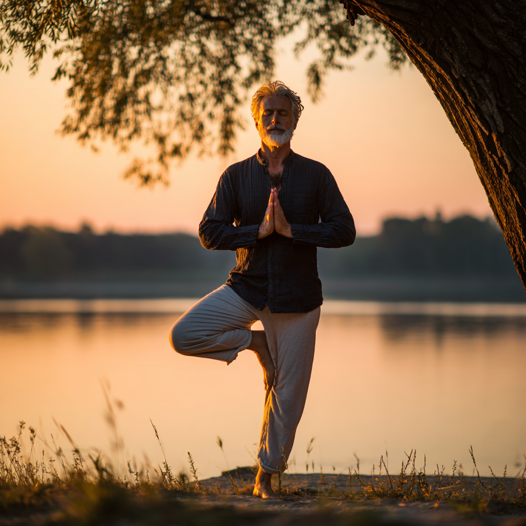 Чоловік 58 років в позі дерева на березі озера під час заходу сонця, зосереджений на практиці йоги
