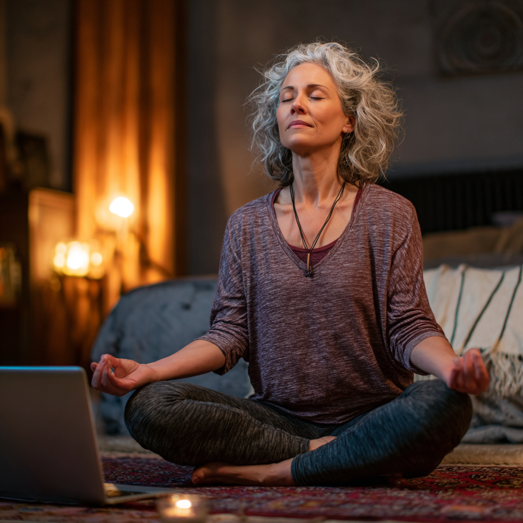 Жінка 52 років практикує йогу вдома перед ноутбуком, слідкуючи за онлайн-заняттям в затишній кімнаті