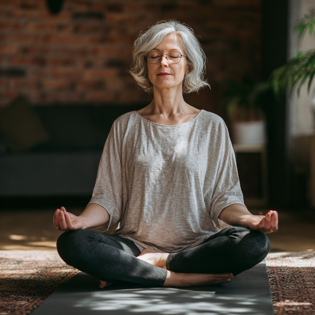 Жінка 55 років у позі лотоса на килимку для йоги, медитує з заплющеними очима в затишній студії